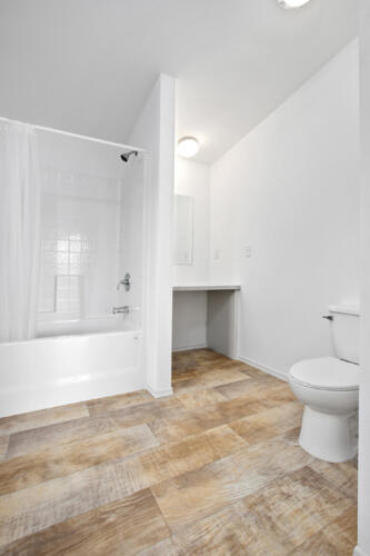 A white bathroom with wood floors and a toilet.